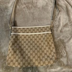 Gucci GG Canvas Beige Ebony white leather trim messenger bag
